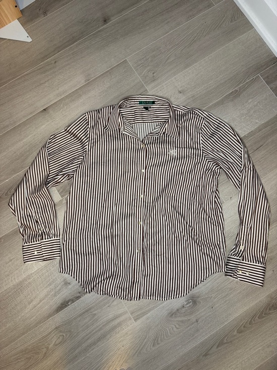 Ralph Lauren Tops - Lauren Ralph Lauren Striped Button Down Shirt Brown White Cotton Sz L